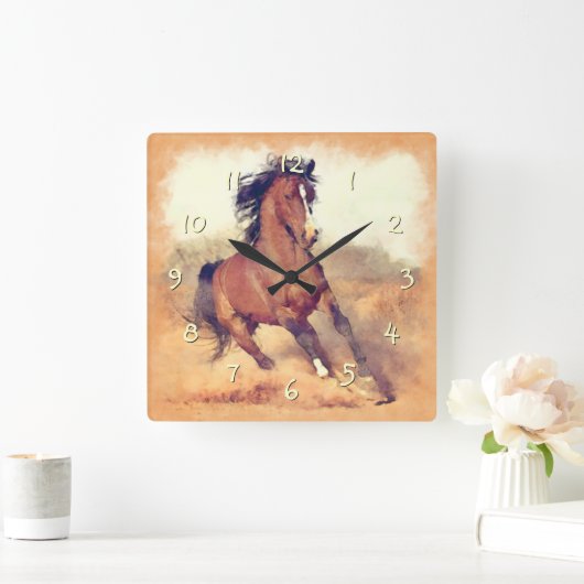 野生のマスタング馬スタンピードウォーターの色 スクエア壁時計 (ホーム)