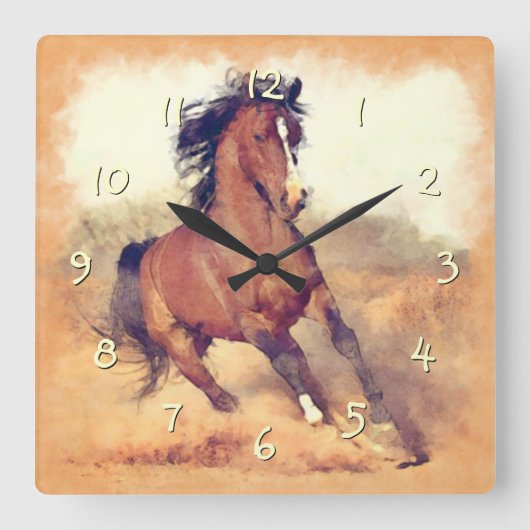 野生のマスタング馬スタンピードウォーターの色 スクエア壁時計 (正面)