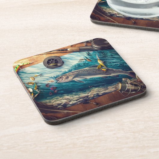 野生のマス川 | 魚釣り素朴コースターセット コースター (左側)