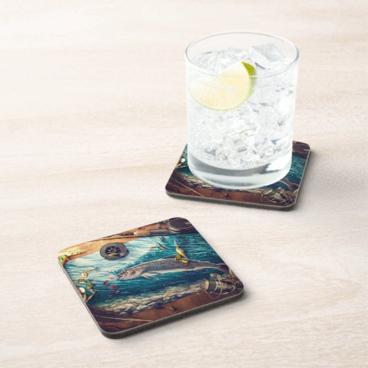 野生のマス川 | 魚釣り素朴コースターセット コースター (右側)