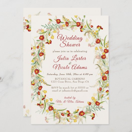 野生のマリゴールドの花の葉のウェディングシャワー 招待状 (正面/裏面)