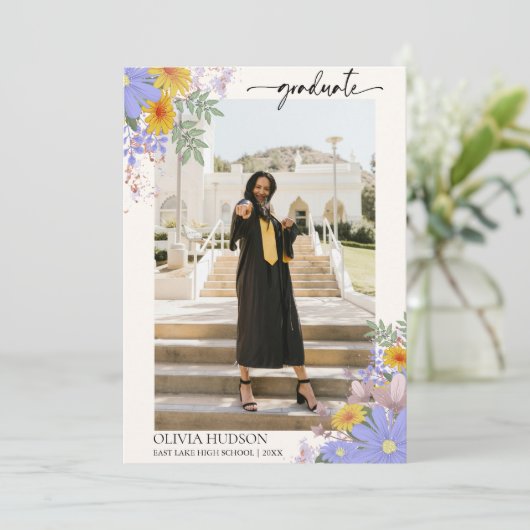 野生のモダンフローラ水彩写真卒業 招待状 (スタンド正面)