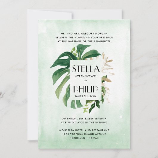 野生のモンステラ熱帯葉金ゴールドフォーマルの結婚 招待状 (正面)