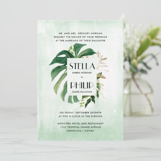 野生のモンステラ熱帯葉金ゴールドフォーマルの結婚 招待状 (スタンド正面)