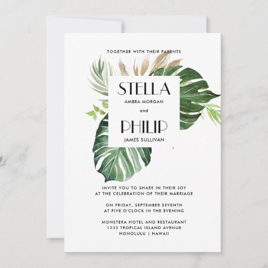 野生のモンステラ葉熱帯の幾何結婚性の 招待状 (正面)
