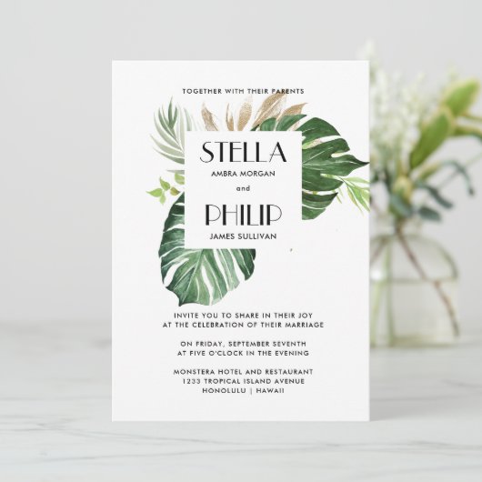 野生のモンステラ葉熱帯の幾何結婚性の 招待状 (スタンド正面)