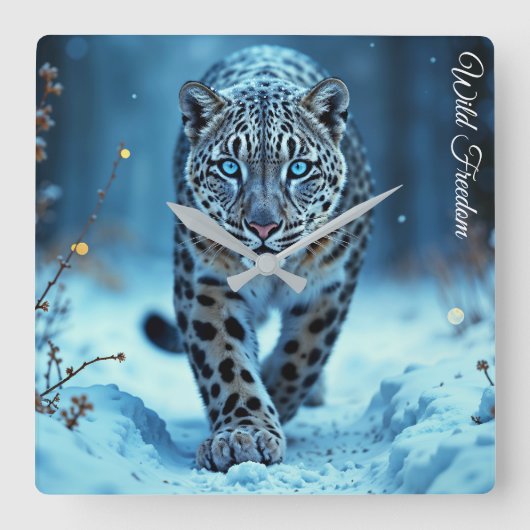 野生のユキヒョウ歩く霜に魅了された森 スクエア壁時計 (正面)