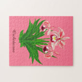 野生のラン – コーラルピンクのランと葉 ジグソーパズル (横)