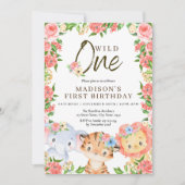 野生のワンアニマルピンクの花誕生日 招待状 (正面)