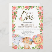 野生のワンアニマルピンクの花誕生日 招待状 (正面/裏面)