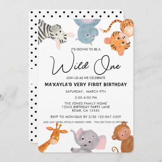 野生のワンサファリジャングル動物の最初の誕生日 招待状 (正面/裏面)