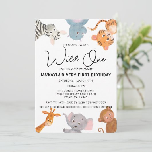 野生のワンサファリジャングル動物の最初の誕生日 招待状 (スタンド正面)