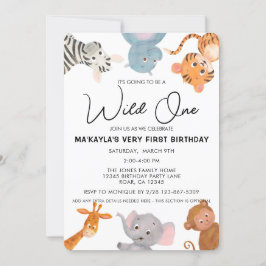 野生のワンサファリジャングル動物の最初の誕生日 招待状