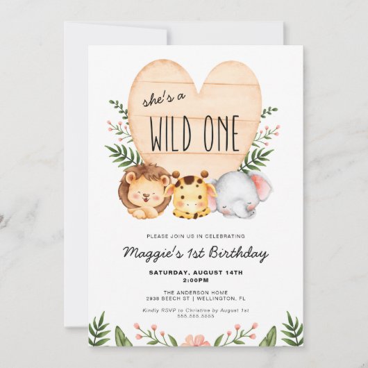 野生のワンサファリ動物の1歳の誕生日 招待状 (正面)