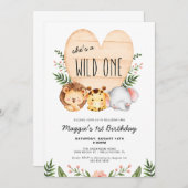 野生のワンサファリ動物の1歳の誕生日 招待状 (正面/裏面)