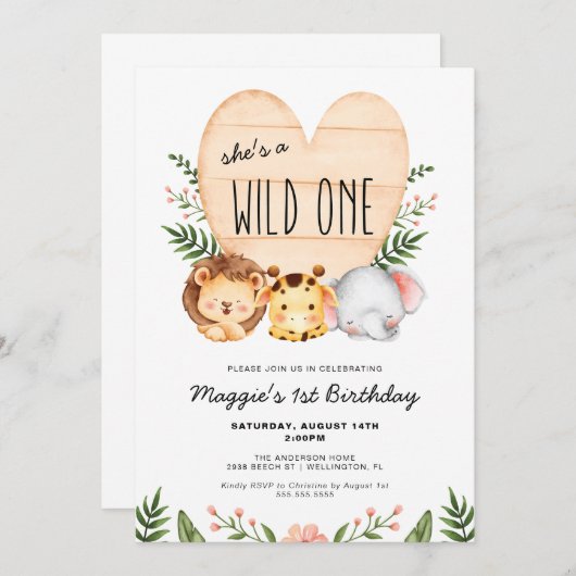 野生のワンサファリ動物の1歳の誕生日 招待状 (正面/裏面)