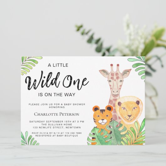 野生のワンサファリ動物ジェンダーに依存しない赤ちゃんシャワー 招待状 (スタンド正面)