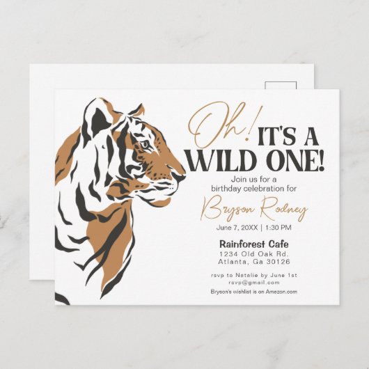 野生のワンジャングルタイガーの最初の誕生日招待状 インビテーションポストカード (正面/裏面)