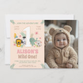 野生のワンジャングルパーティー for Baby Girl with フォト 招待状 (正面)