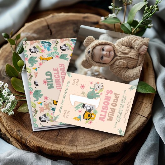 野生のワンジャングルパーティー for Baby Girl with フォト 招待状