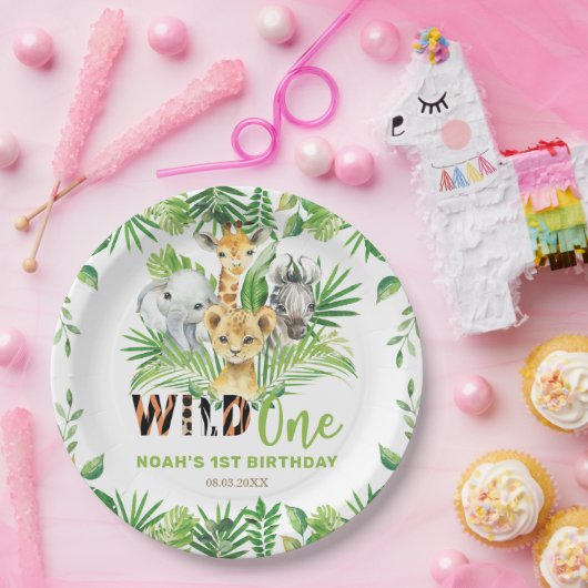 野生のワンジャングル動物の緑1歳の誕生日 ペーパープレート (パーティー)