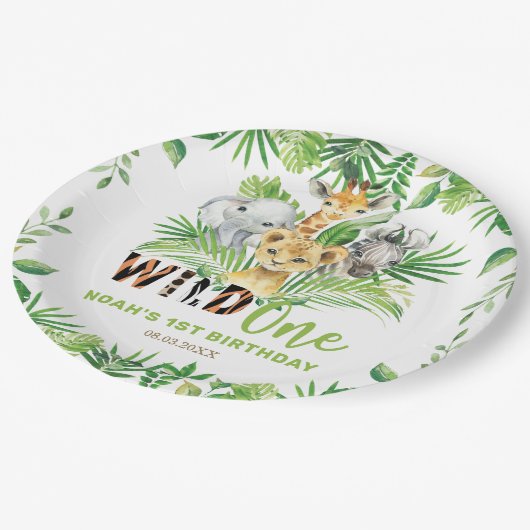野生のワンジャングル動物の緑1歳の誕生日 ペーパープレート (アングル)