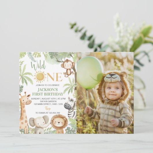 野生のワンジャングル動物1st誕生日の写真 招待状 (スタンド正面)