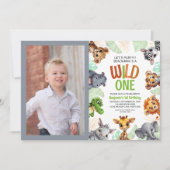野生のワンフォトジャングル動物の子どもの誕生日 招待状 (正面)