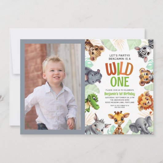 野生のワンフォトジャングル動物の子どもの誕生日 招待状 (正面)