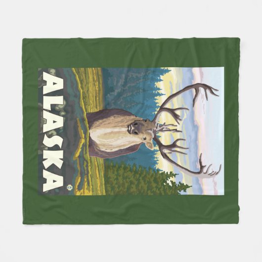 野生のヴィンテージ旅行のAlaskaCaribou フリースブランケット (正面(横))