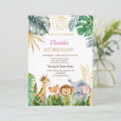 野生の一動物の友人トロピカル1歳の誕生日 招待状 (スタンド正面)
