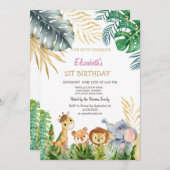 野生の一動物の友人トロピカル1歳の誕生日 招待状 (正面/裏面)