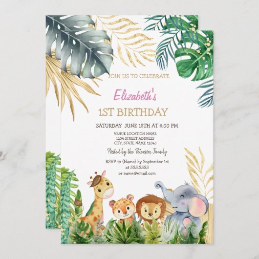 野生の一動物の友人トロピカル1歳の誕生日 招待状 (正面/裏面)