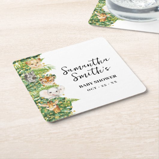 野生の一動物サファリの赤ちゃんシャワーパーティーの装飾 スクエアペーパーコースター (アングル)