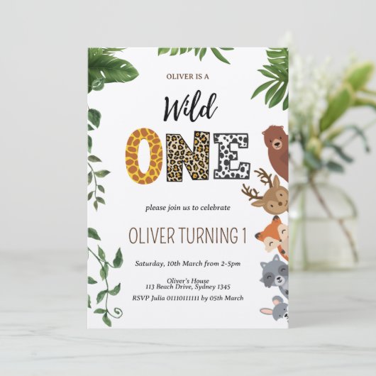 野生の一動物形の文字の最初の誕生日 招待状 (スタンド正面)