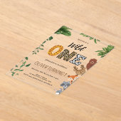 野生の一動物形の文字の緑の最初の誕生日 アクリル招待状 (レイダウン)