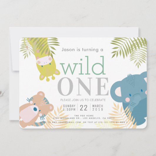野生の一動物象の象金ゴールド1st誕生日 招待状 (正面)