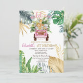 野生の一動物車、熱帯葉の1歳の誕生日 招待状 (スタンド正面)