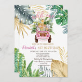 野生の一動物車、熱帯葉の1歳の誕生日 招待状 (正面/裏面)