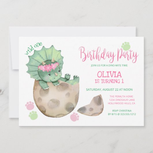 野生の一恐竜トリケラトプス女の子の最初の誕生日 招待状 (正面)