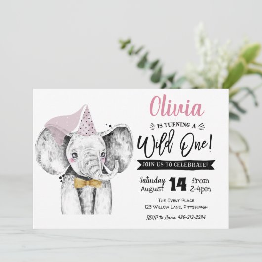 野生の一象 |女の子の最初の誕生日の招待 招待状 (スタンド正面)