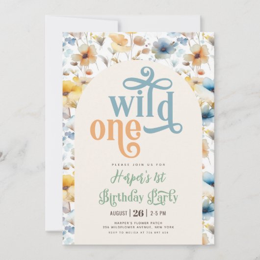 野生の一青い黄色の野生の花1日の誕生日 招待状 (正面)