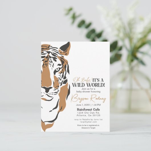 野生の世界ジャングルタイガーボーイズシャワー招待状 ポストカード (スタンド正面)