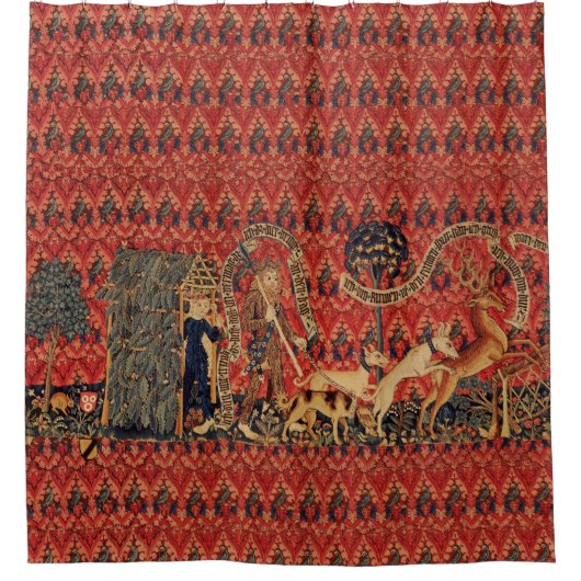 野生の人々の鹿狩り、動物、赤フローラ シャワーカーテン (正面)