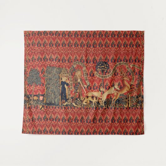 野生の人々の鹿狩り、動物、赤フローラ タペストリー (正面(横))