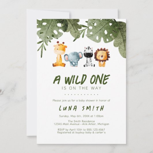野生の人がサファリの動物の赤ちゃんシャワーを途中にある 招待状 (正面)