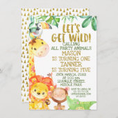 野生の共同金ゴールドサファリ動物誕生日 招待状 (正面/裏面)