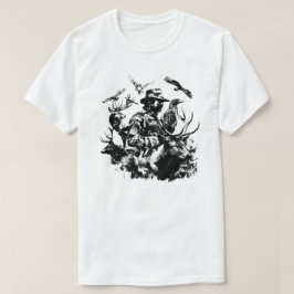 野生の動物に囲まれたハンター Tシャツ