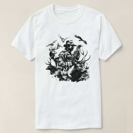 野生の動物に囲まれたハンター Tシャツ (デザイン正面)