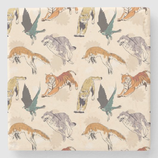 野生の動物のスケッチで手書きレトロ ストーンコースター (正面)